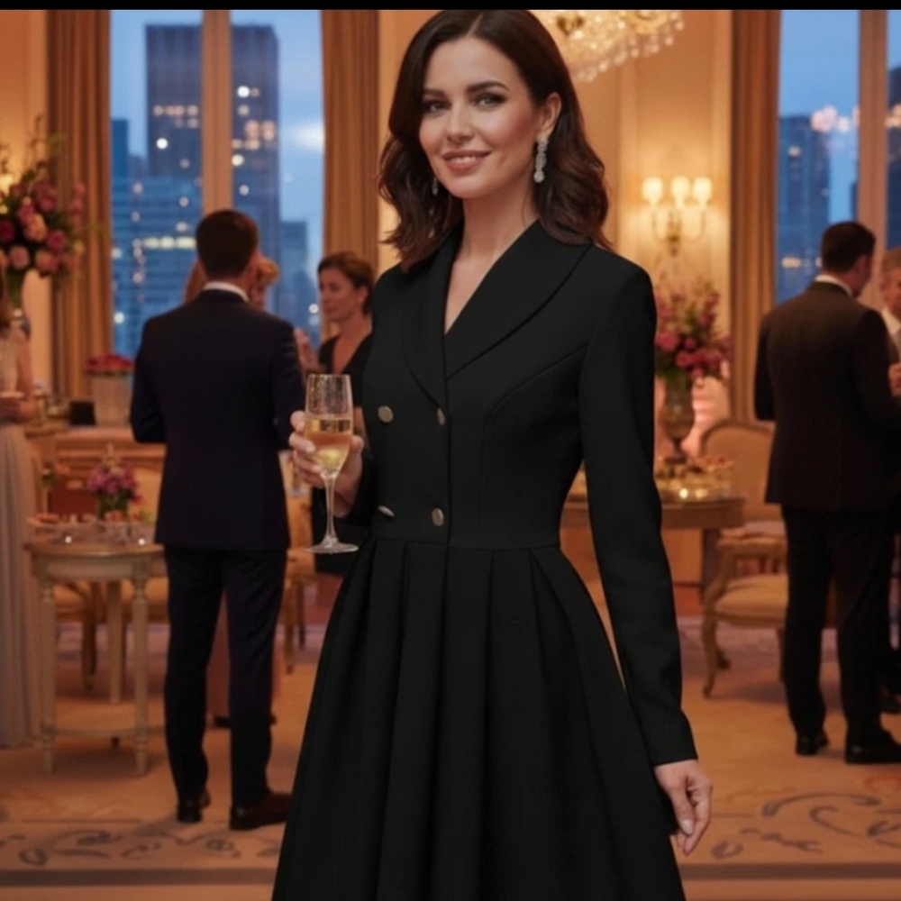 Aleeza Paris Couture Gold button blazer black long sleeve fit and flare dress